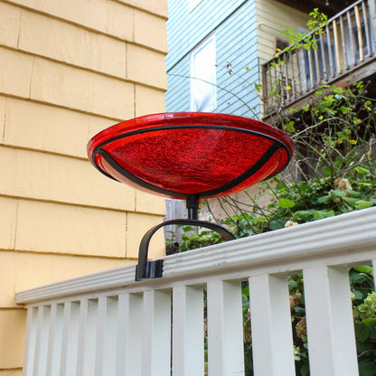 ACHLA Crackle Glass Birdbath with Over Rail Bracket | Hand-Blown Red Glass and Black Wrought Iron | Balcony & Deck Railing | Model CGB-14R-OR2