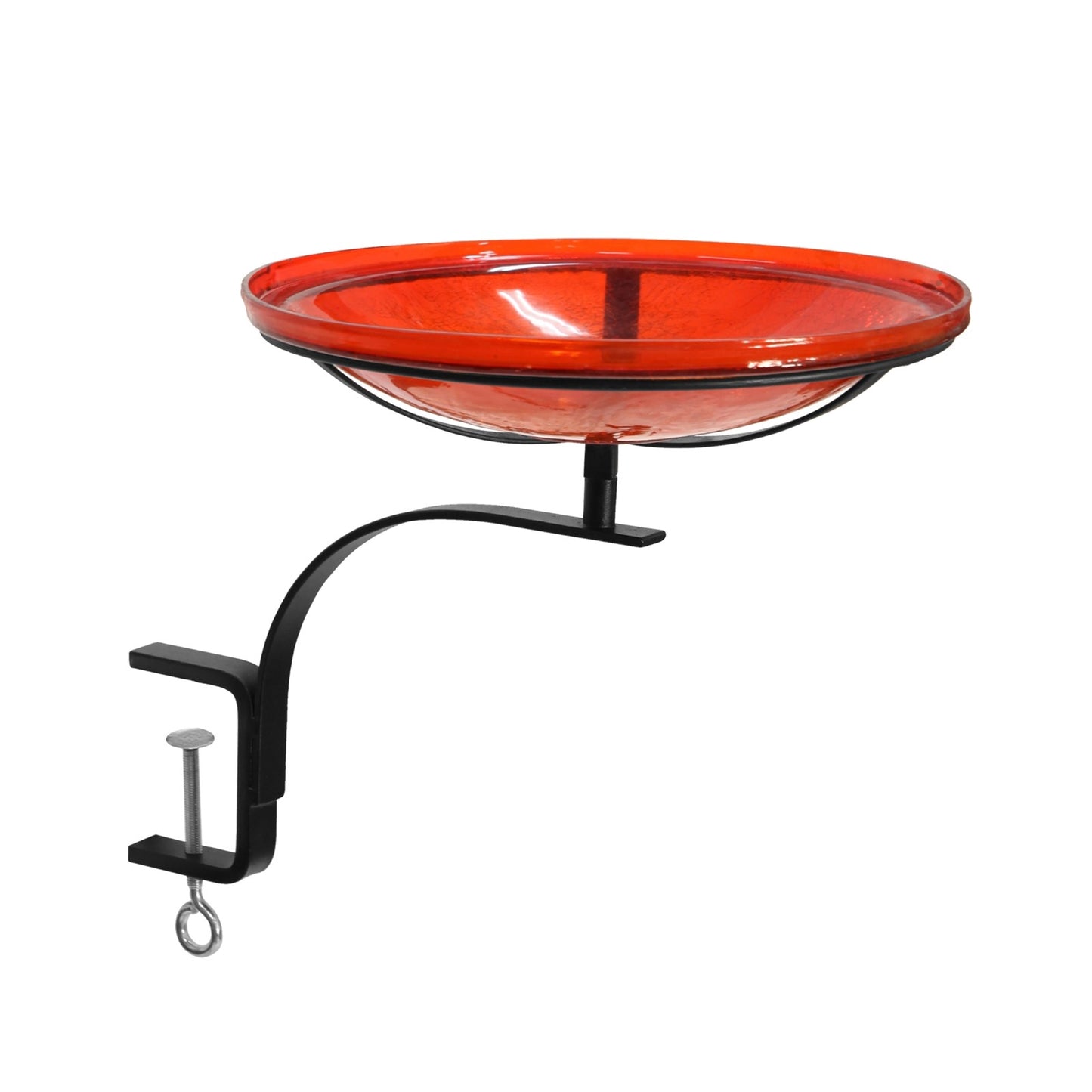 ACHLA 14in Crackle Glass Birdbath with Rail Mount Bracket | Red Hand-Blown Glass Bowl on Black Wrought Iron Cradle | Balcony & Deck | Model CGB-14R-RM