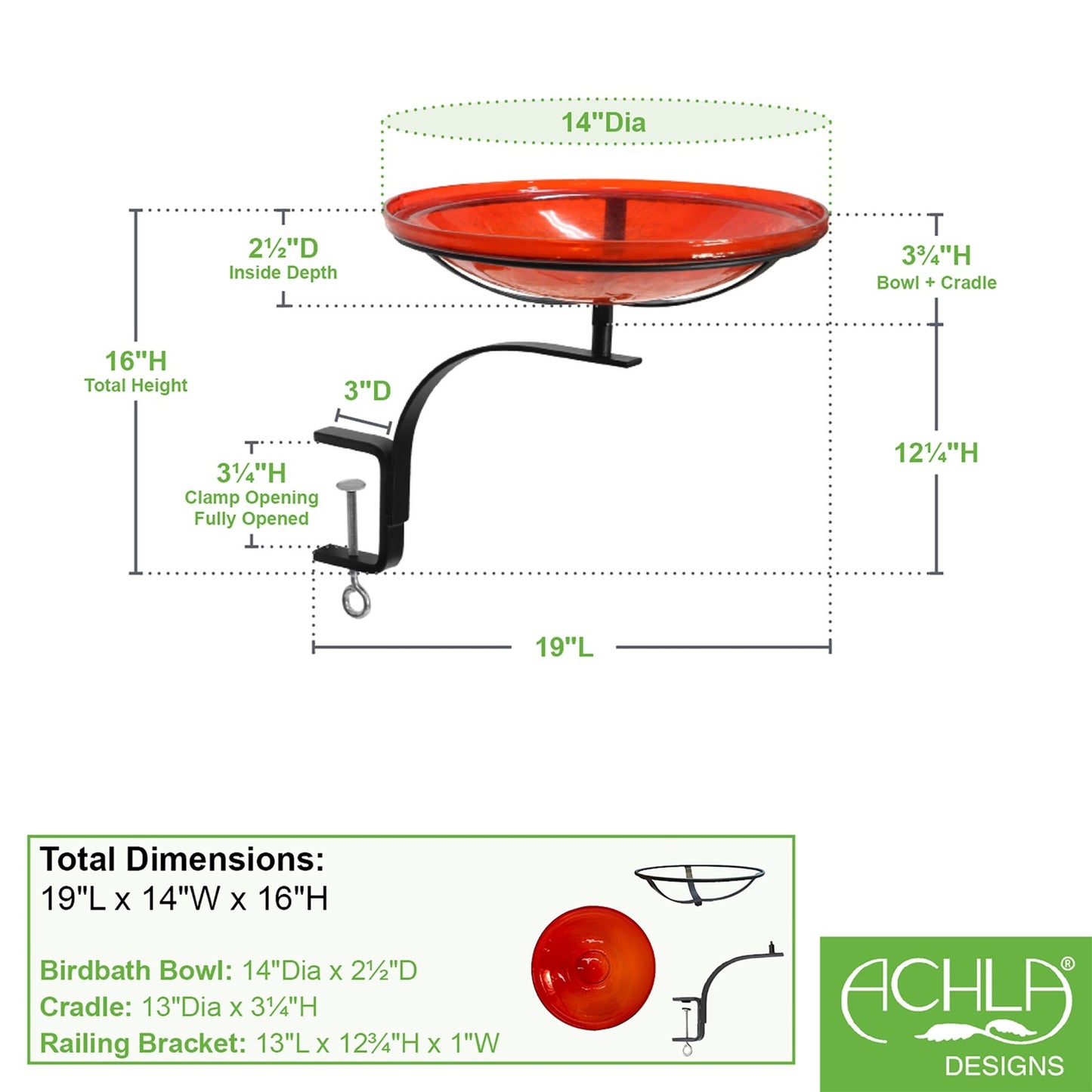 ACHLA 14in Crackle Glass Birdbath with Rail Mount Bracket | Red Hand-Blown Glass Bowl on Black Wrought Iron Cradle | Balcony & Deck | Model CGB-14R-RM