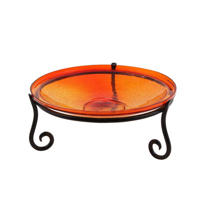 ACHLA 14in Crackle Glass Birdbath with Stand | Red Glass and Black Wrought Iron | Garden & Patio Accent | 14 x 14 x 6 in | Model CGB-14R-S2