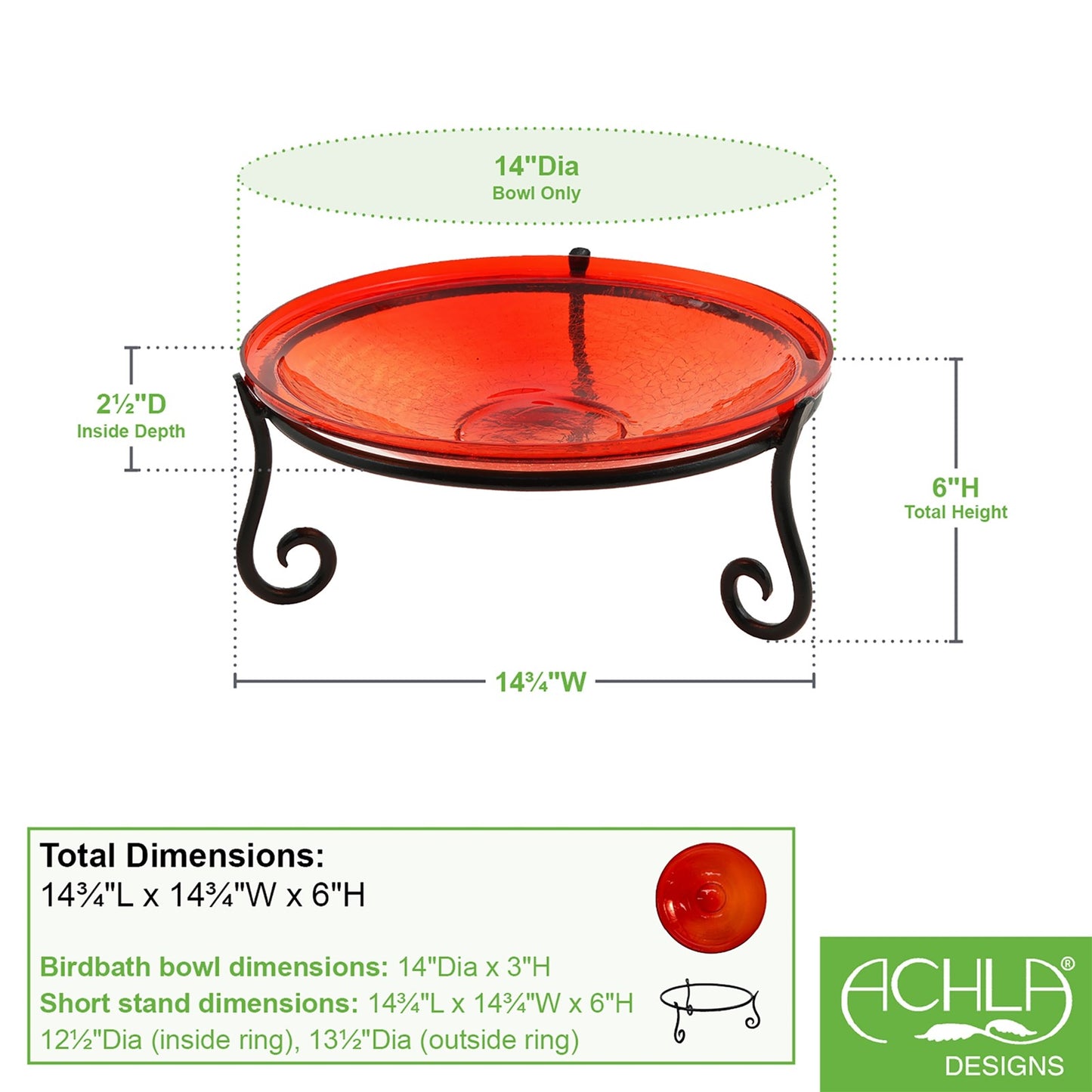 ACHLA 14in Crackle Glass Birdbath with Stand | Red Glass and Black Wrought Iron | Garden & Patio Accent | 14 x 14 x 6 in | Model CGB-14R-S2