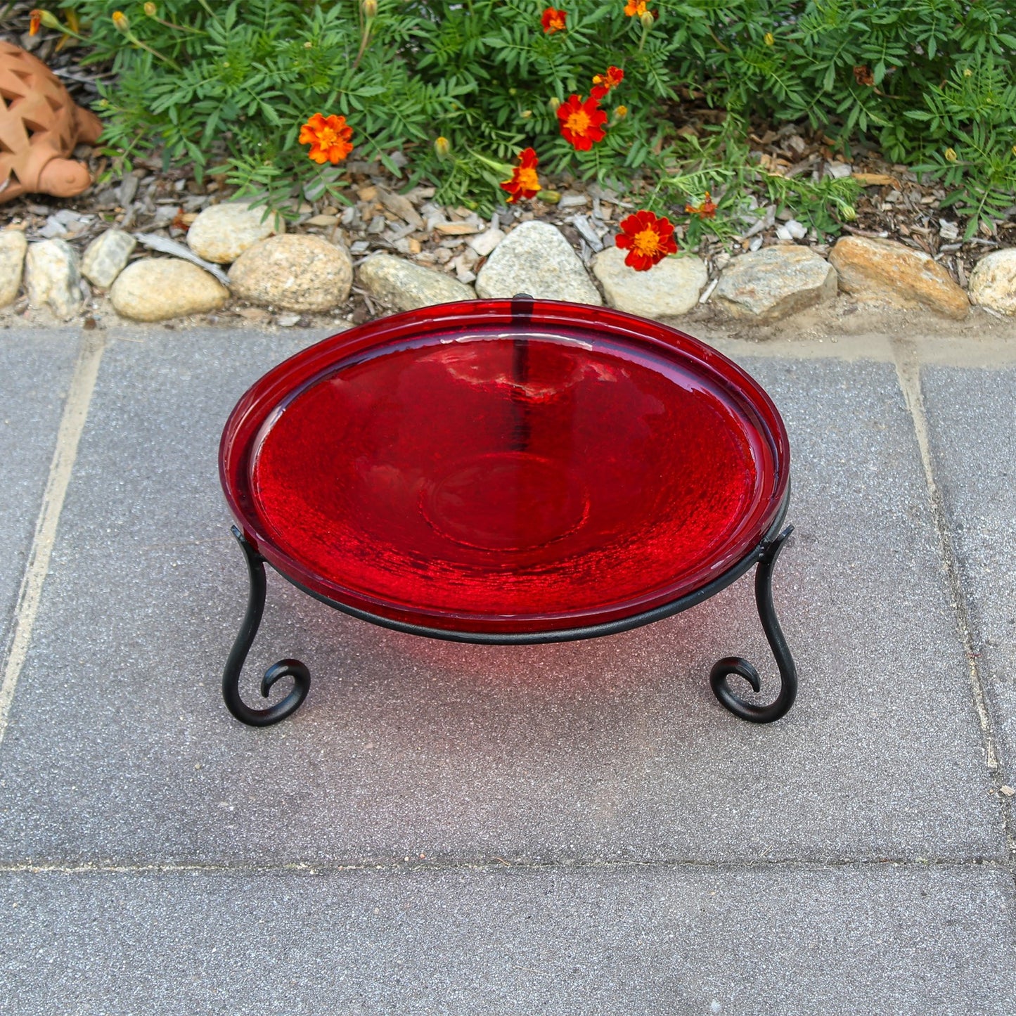 ACHLA 14in Crackle Glass Birdbath with Stand | Red Glass and Black Wrought Iron | Garden & Patio Accent | 14 x 14 x 6 in | Model CGB-14R-S2