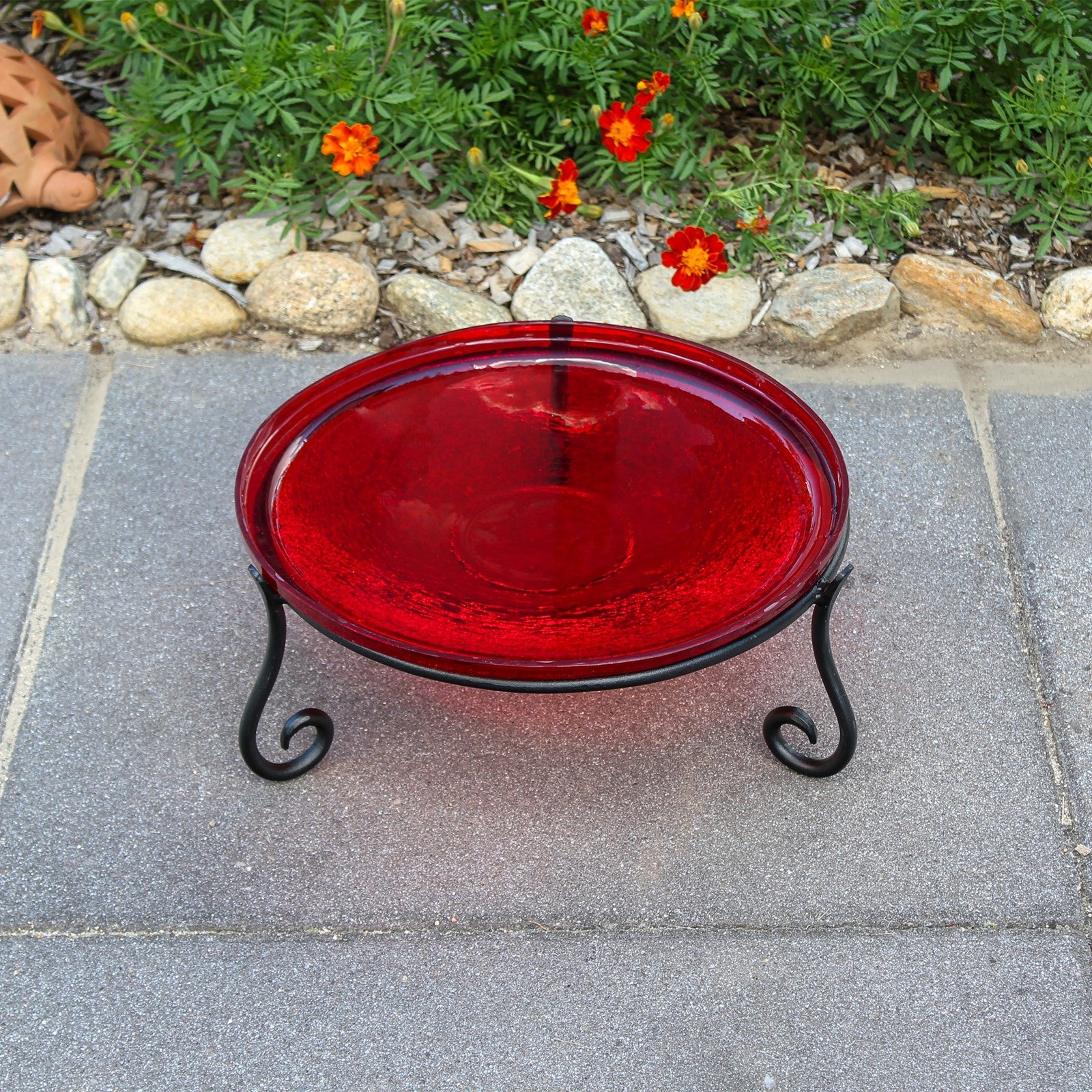 ACHLA 14in Crackle Glass Birdbath with Stand | Red Glass and Black Wrought Iron | Garden & Patio Accent | 14 x 14 x 6 in | Model CGB-14R-S2