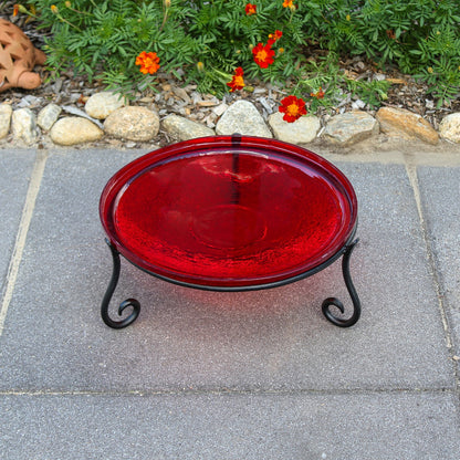ACHLA 14in Crackle Glass Birdbath with Stand | Red Glass and Black Wrought Iron | Garden & Patio Accent | 14 x 14 x 6 in | Model CGB-14R-S2