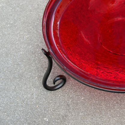 ACHLA 14in Crackle Glass Birdbath with Stand | Red Glass and Black Wrought Iron | Garden & Patio Accent | 14 x 14 x 6 in | Model CGB-14R-S2