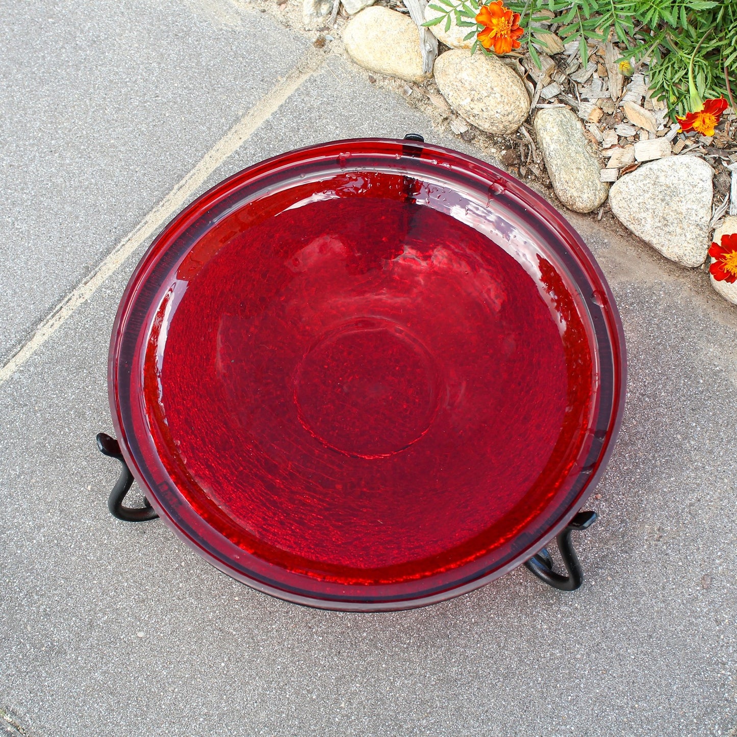 ACHLA 14in Crackle Glass Birdbath with Stand | Red Glass and Black Wrought Iron | Garden & Patio Accent | 14 x 14 x 6 in | Model CGB-14R-S2