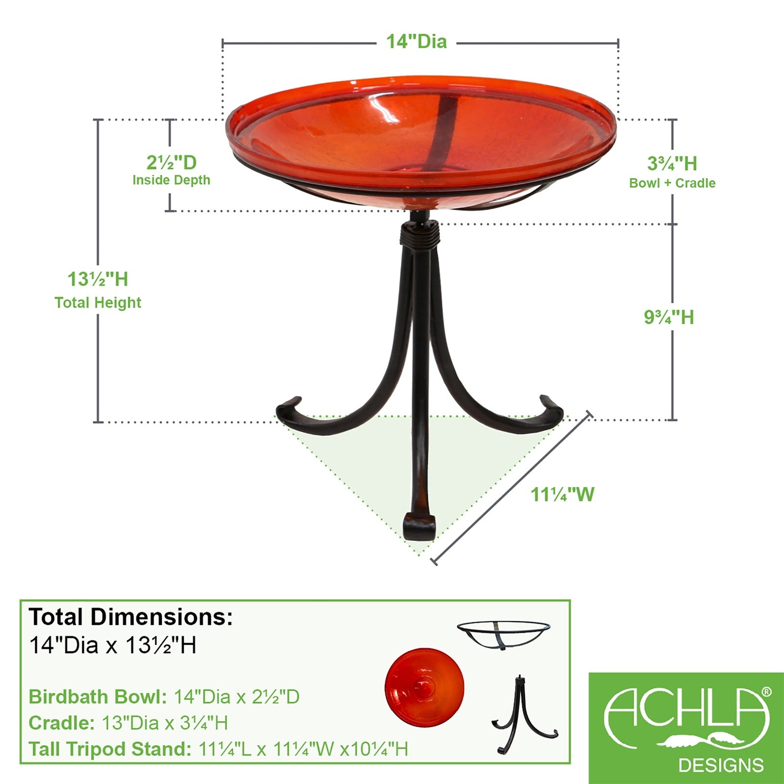 ACHLA Crackle Glass Birdbath with Tripod Stand | Red Glass Bowl and Black Wrought Iron Frame | Garden & Patio Accent | Model CGB-14R-TR2