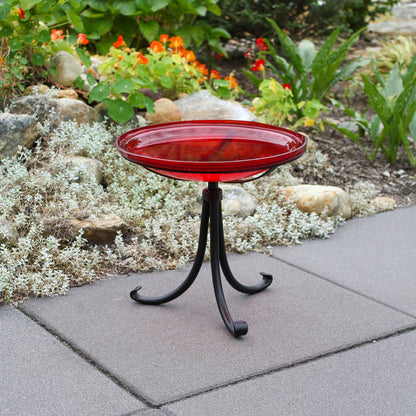 ACHLA Crackle Glass Birdbath with Tripod Stand | Red Glass Bowl and Black Wrought Iron Frame | Garden & Patio Accent | Model CGB-14R-TR2