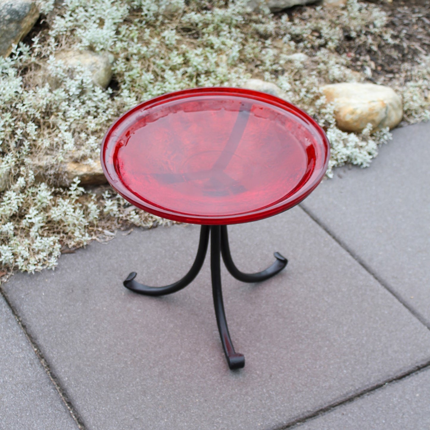 ACHLA Crackle Glass Birdbath with Tripod Stand | Red Glass Bowl and Black Wrought Iron Frame | Garden & Patio Accent | Model CGB-14R-TR2