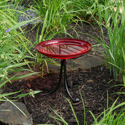 ACHLA Crackle Glass Birdbath with Tripod Stand | Red Glass Bowl and Black Wrought Iron Frame | Garden & Patio Accent | Model CGB-14R-TR2