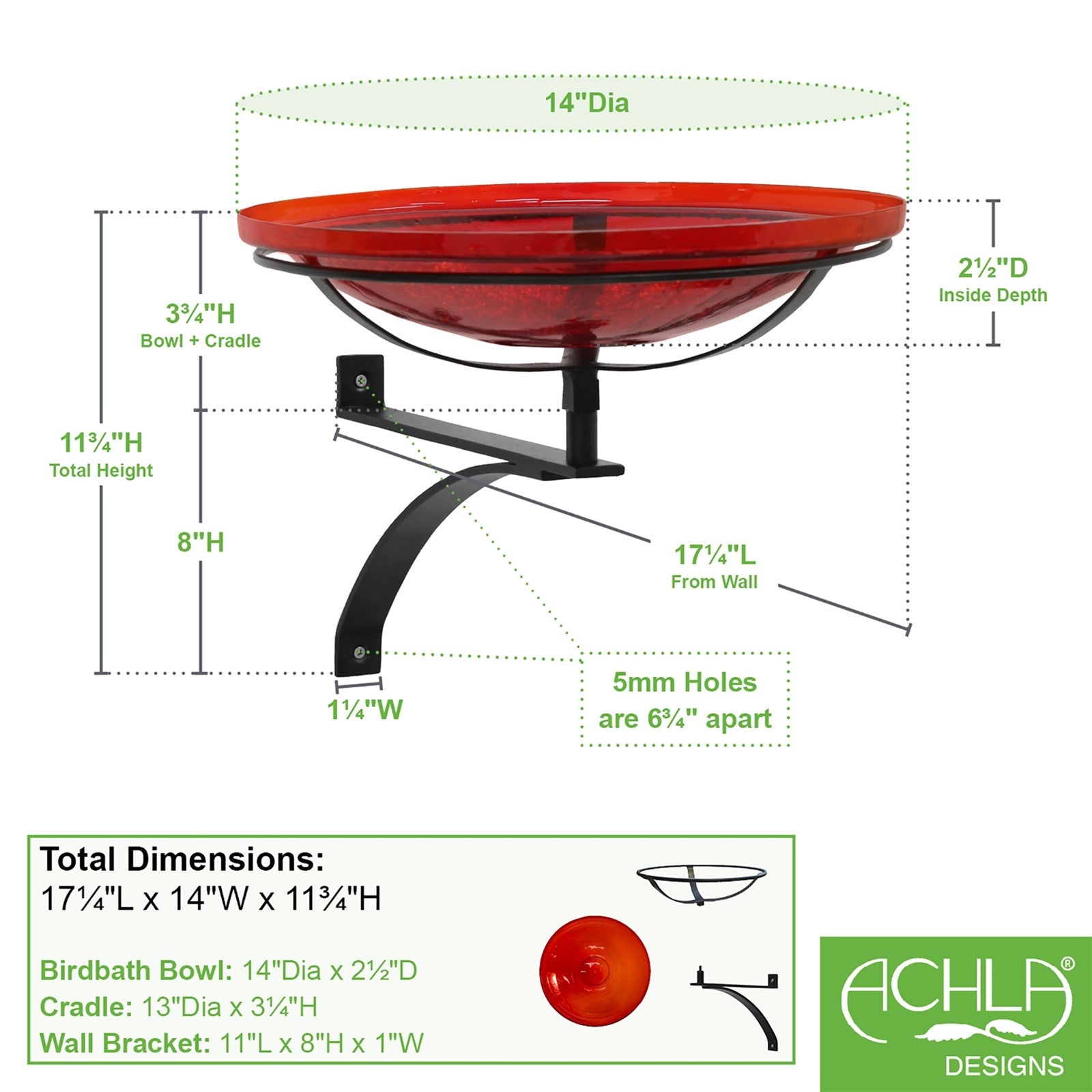ACHLA Crackle Glass Birdbath Wall Bracket | Red Hand-Blown Glass Bowl on Black Wrought Iron | Porch, Deck & Garden Birdbath | Model CGB-14R-WM2