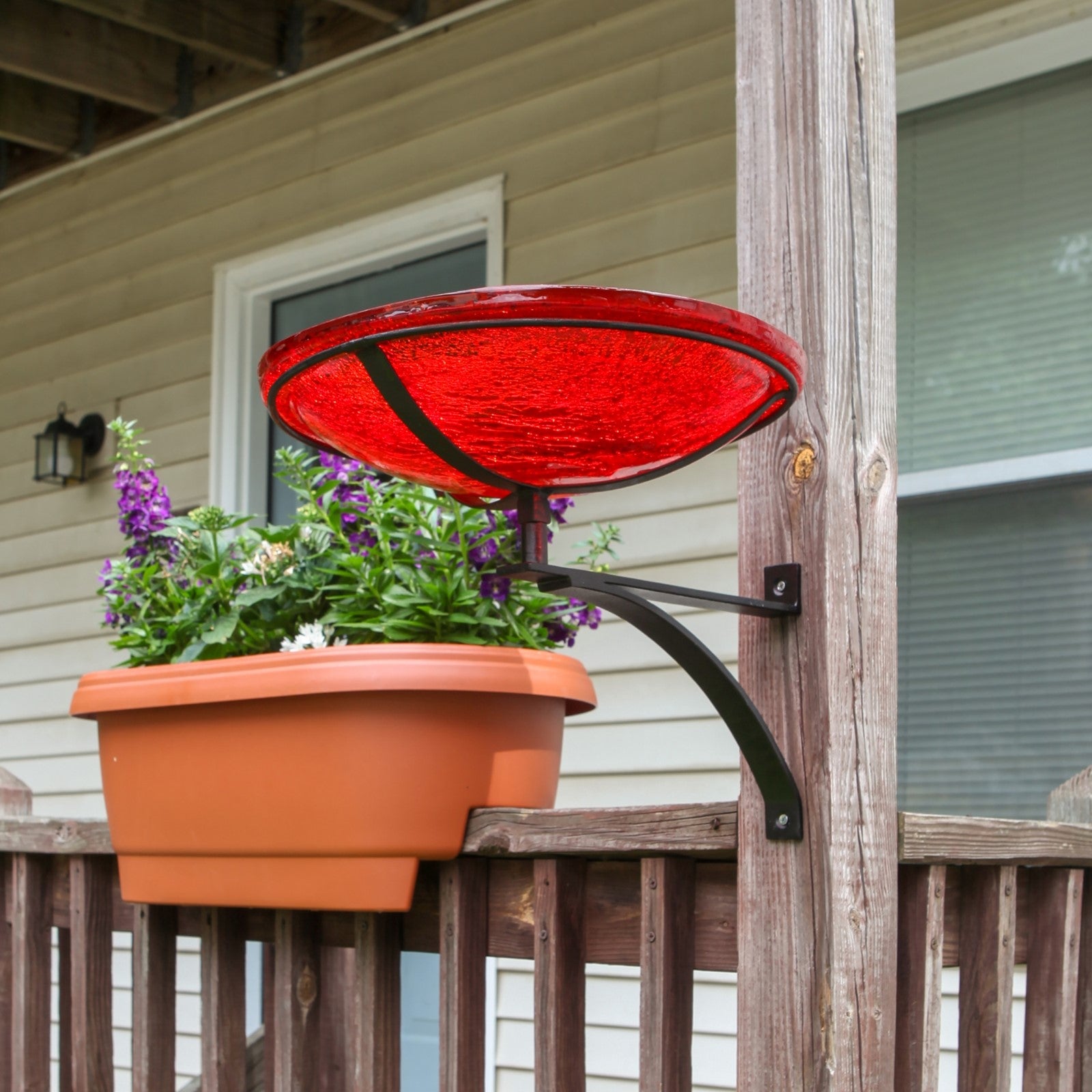 ACHLA Crackle Glass Birdbath Wall Bracket | Red Hand-Blown Glass Bowl on Black Wrought Iron | Porch, Deck & Garden Birdbath | Model CGB-14R-WM2
