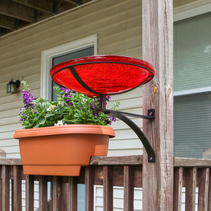 ACHLA Crackle Glass Birdbath Wall Bracket | Red Hand-Blown Glass Bowl on Black Wrought Iron | Porch, Deck & Garden Birdbath | Model CGB-14R-WM2