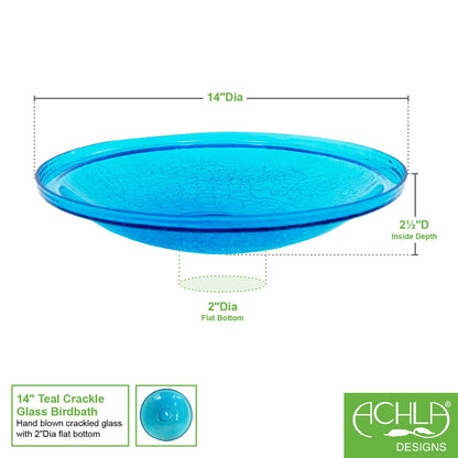 ACHLA 14in Teal Crackle Glass Decorative Bowl | Crackled Glass Art Bowl | Patio & Garden Accent | 14 x 14 x 2.5 in | Model CGB-14T