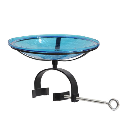 ACHLA Crackle Glass Birdbath with Over Rail Bracket | Teal Hand-Blown Glass and Black Wrought Iron | Deck & Balcony Bird Bath | Model CGB-14T-OR2