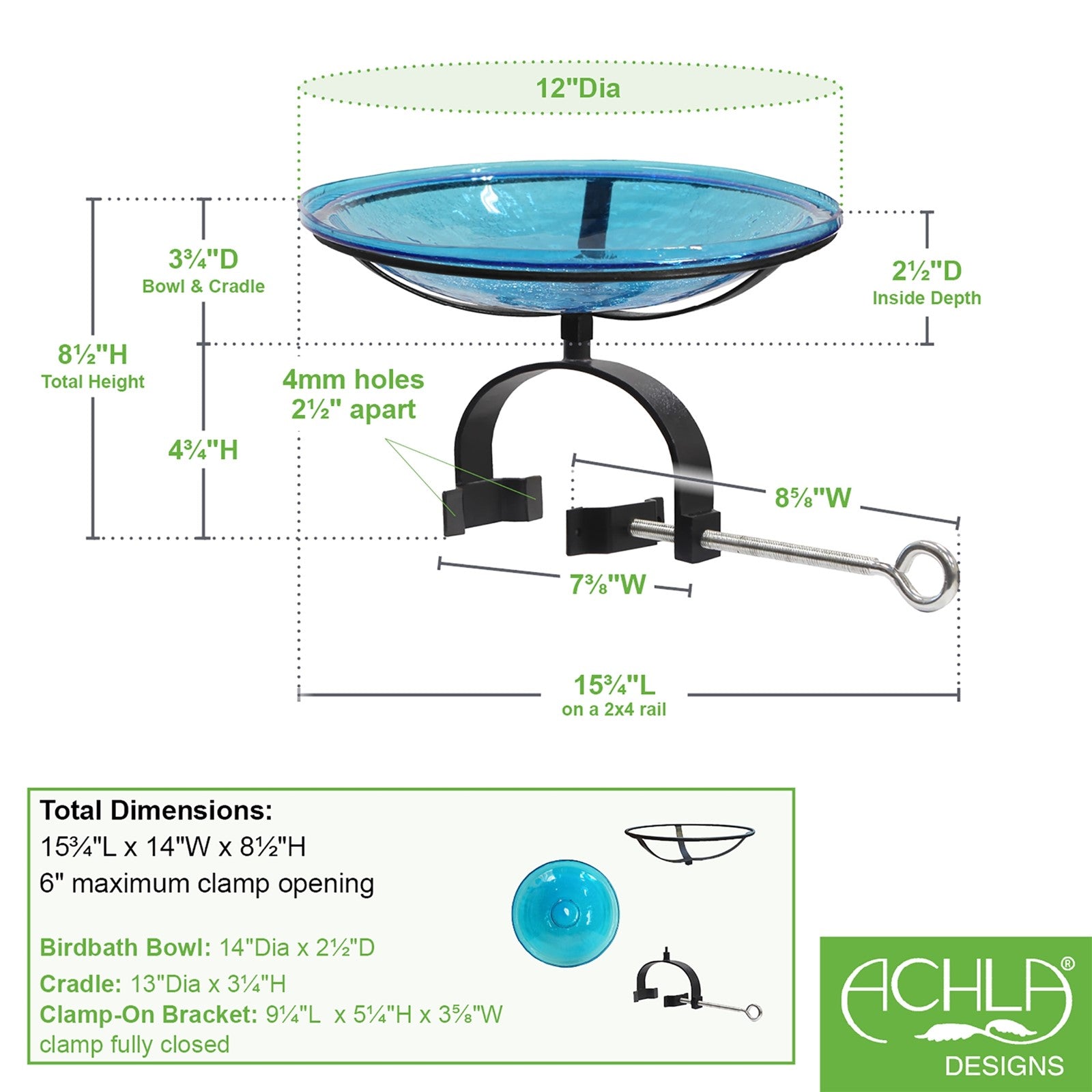 ACHLA Crackle Glass Birdbath with Over Rail Bracket | Teal Hand-Blown Glass and Black Wrought Iron | Deck & Balcony Bird Bath | Model CGB-14T-OR2