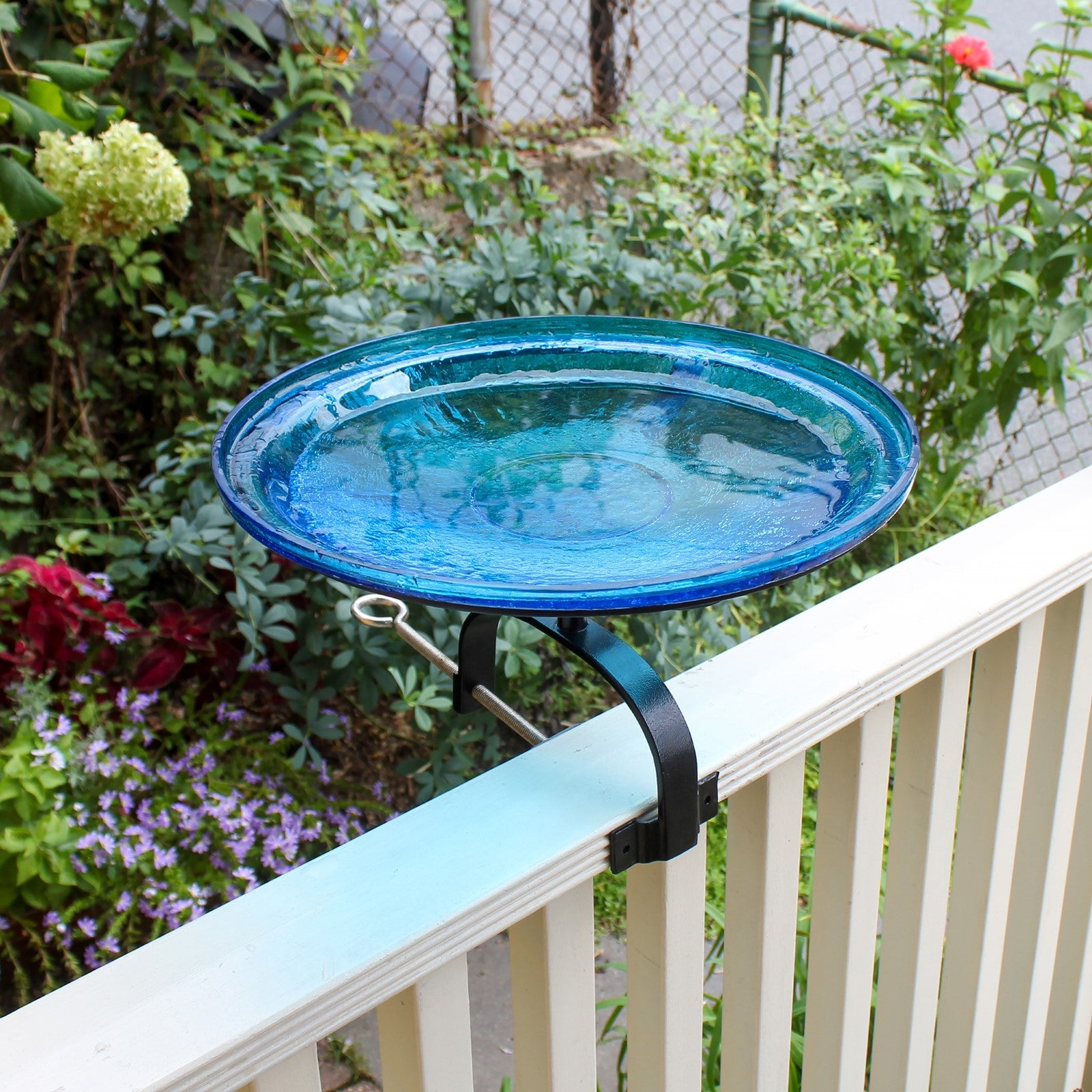 ACHLA Crackle Glass Birdbath with Over Rail Bracket | Teal Hand-Blown Glass and Black Wrought Iron | Deck & Balcony Bird Bath | Model CGB-14T-OR2