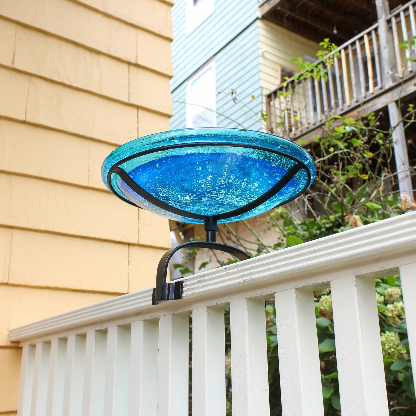ACHLA Crackle Glass Birdbath with Over Rail Bracket | Teal Hand-Blown Glass and Black Wrought Iron | Deck & Balcony Bird Bath | Model CGB-14T-OR2