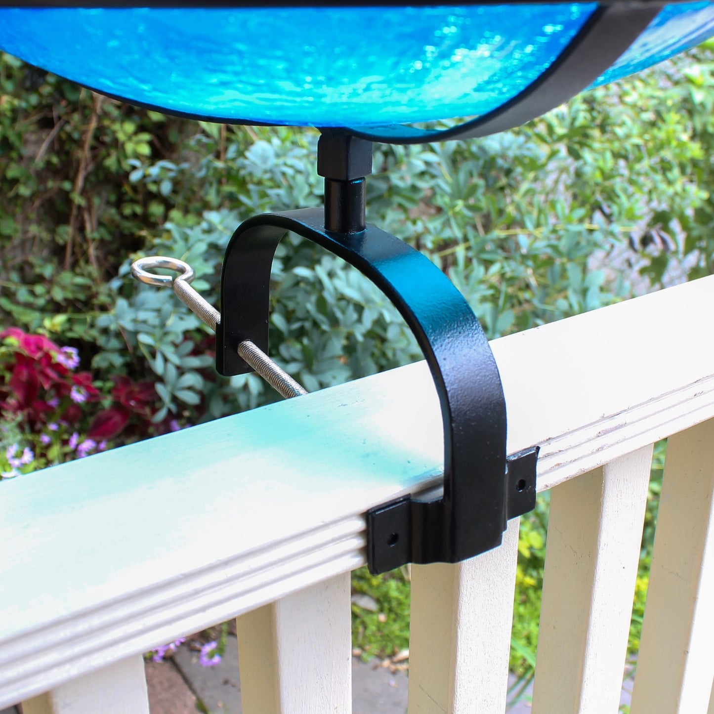 ACHLA Crackle Glass Birdbath with Over Rail Bracket | Teal Hand-Blown Glass and Black Wrought Iron | Deck & Balcony Bird Bath | Model CGB-14T-OR2