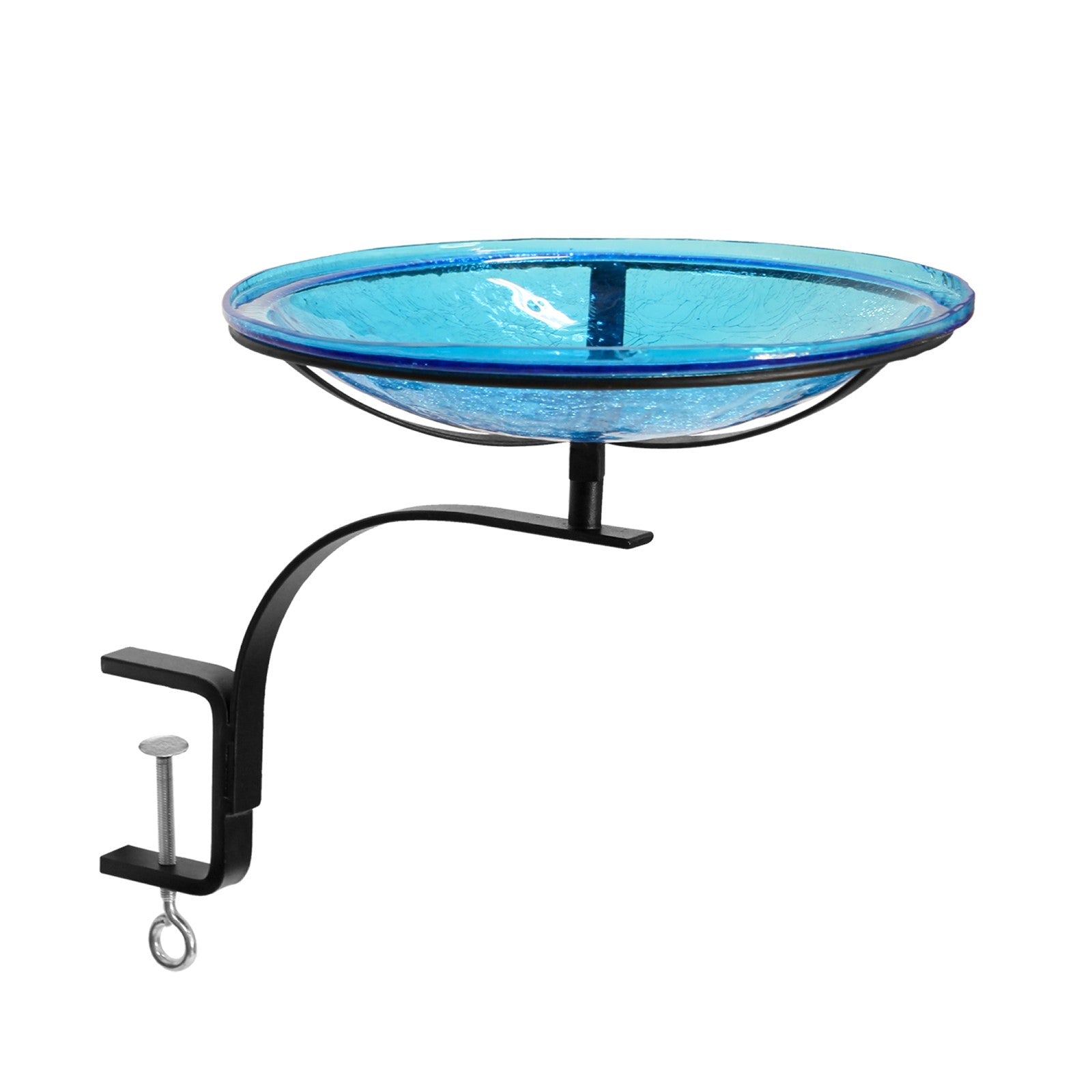 ACHLA 14in Crackle Glass Birdbath | Teal Hand-Blown Glass and Black Wrought Iron | Deck, Balcony & Porch Rail Mount | Model CGB-14T-RM