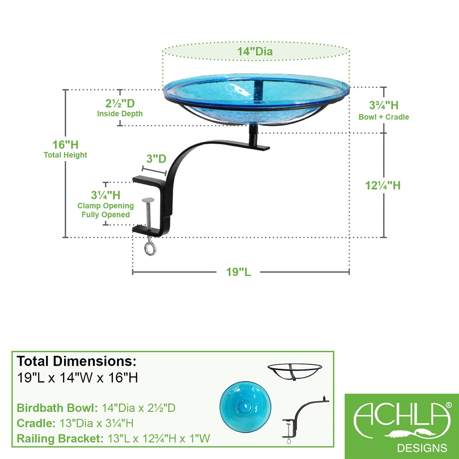 ACHLA 14in Crackle Glass Birdbath | Teal Hand-Blown Glass and Black Wrought Iron | Deck, Balcony & Porch Rail Mount | Model CGB-14T-RM