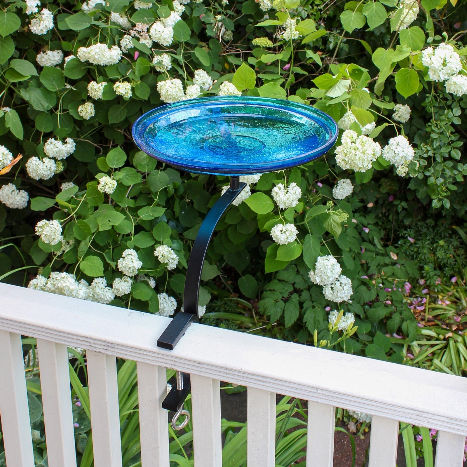 ACHLA 14in Crackle Glass Birdbath | Teal Hand-Blown Glass and Black Wrought Iron | Deck, Balcony & Porch Rail Mount | Model CGB-14T-RM