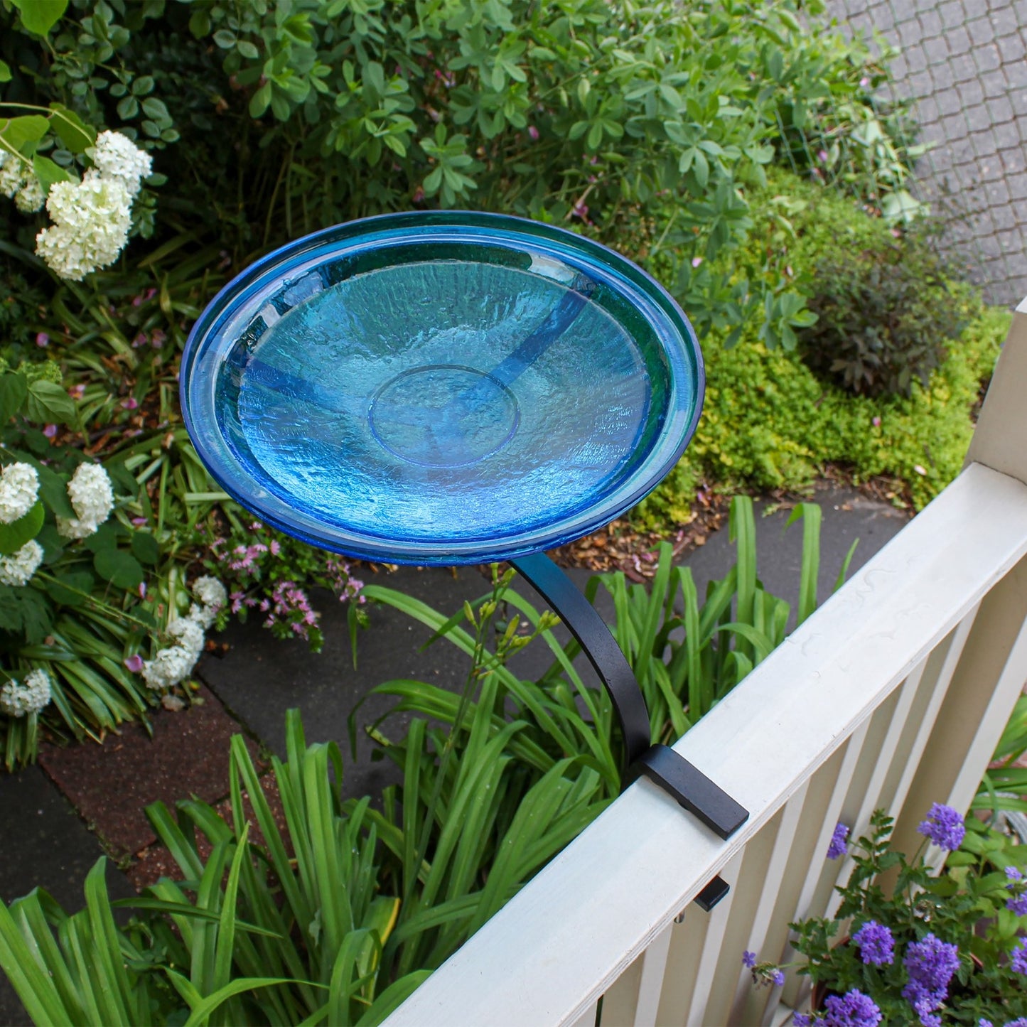 ACHLA 14in Crackle Glass Birdbath | Teal Hand-Blown Glass and Black Wrought Iron | Deck, Balcony & Porch Rail Mount | Model CGB-14T-RM