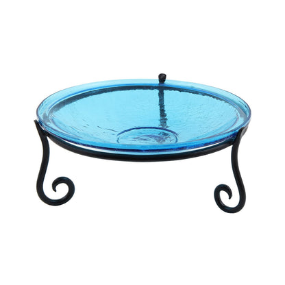 ACHLA 14in Crackle Glass Birdbath with Short Stand | Teal Blue Hand-Blown Glass and Black Wrought Iron | Garden & Patio Accent | Model CGB-14T-S2