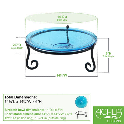ACHLA 14in Crackle Glass Birdbath with Short Stand | Teal Blue Hand-Blown Glass and Black Wrought Iron | Garden & Patio Accent | Model CGB-14T-S2