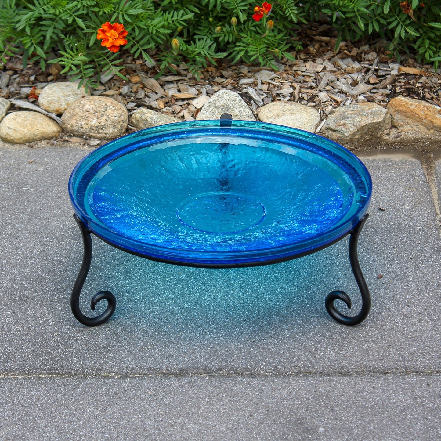 ACHLA 14in Crackle Glass Birdbath with Short Stand | Teal Blue Hand-Blown Glass and Black Wrought Iron | Garden & Patio Accent | Model CGB-14T-S2