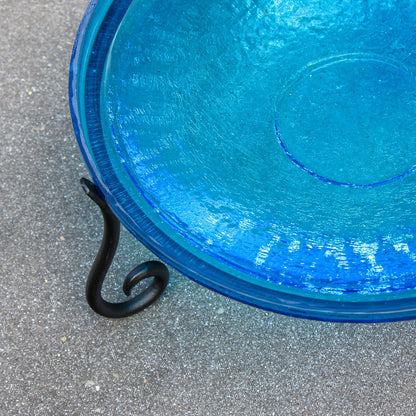 ACHLA 14in Crackle Glass Birdbath with Short Stand | Teal Blue Hand-Blown Glass and Black Wrought Iron | Garden & Patio Accent | Model CGB-14T-S2