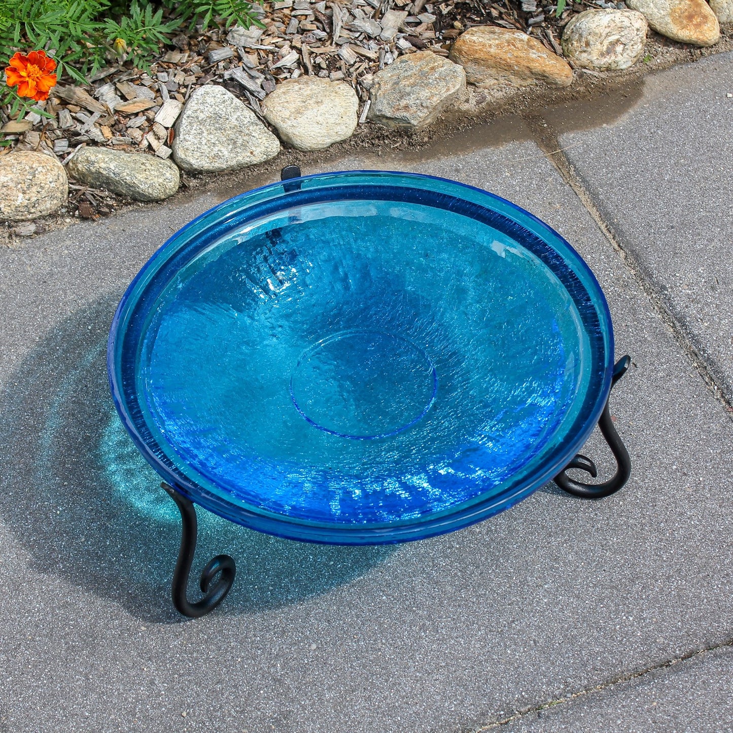 ACHLA 14in Crackle Glass Birdbath with Short Stand | Teal Blue Hand-Blown Glass and Black Wrought Iron | Garden & Patio Accent | Model CGB-14T-S2