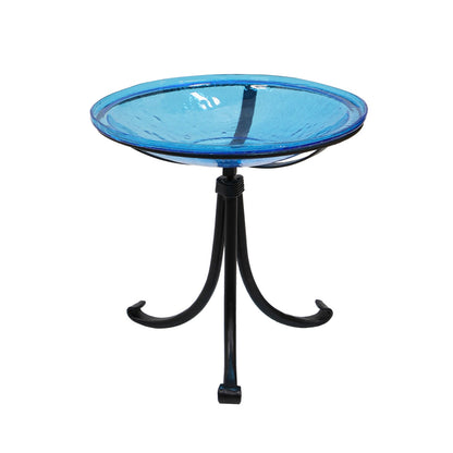 ACHLA 14in Crackle Glass Birdbath with Tripod Stand | Teal Glass and Black Wrought Iron | Garden & Patio Accent | 14 x 14 x 13 in | Model CGB-14T-TR2