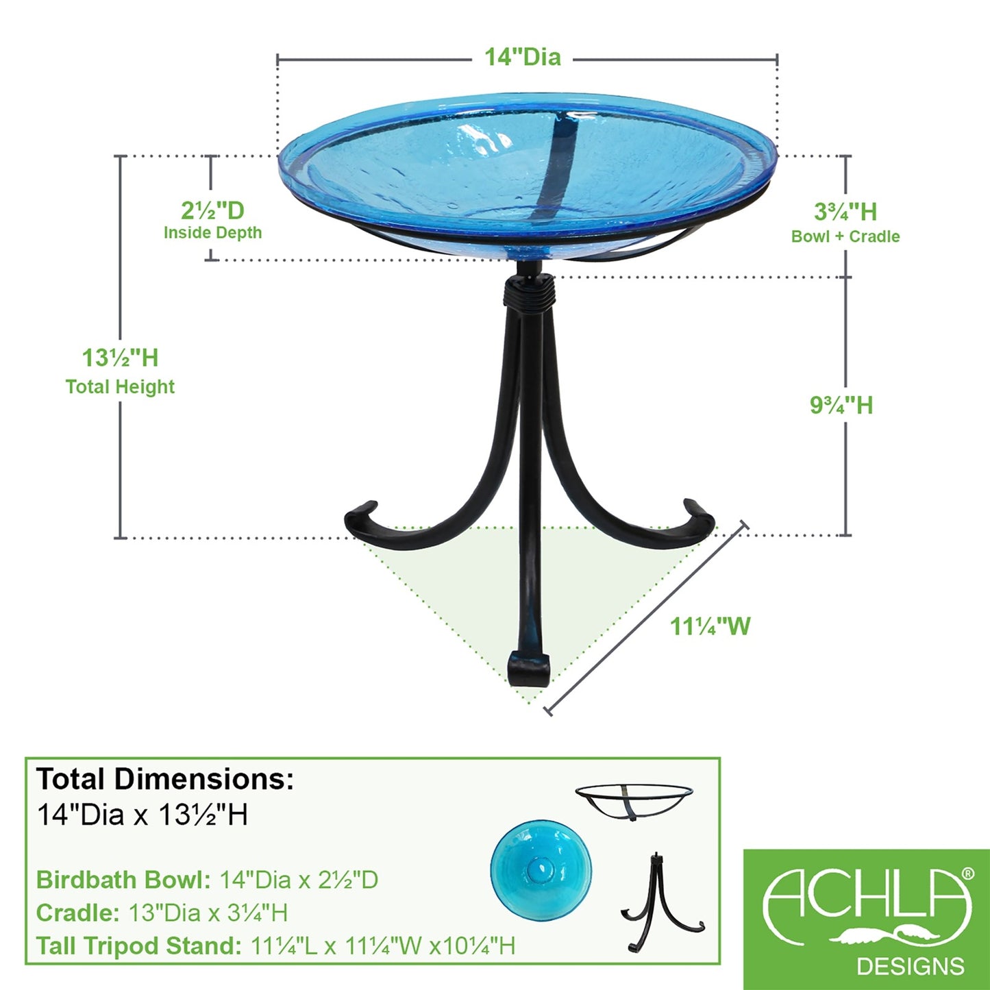 ACHLA 14in Crackle Glass Birdbath with Tripod Stand | Teal Glass and Black Wrought Iron | Garden & Patio Accent | 14 x 14 x 13 in | Model CGB-14T-TR2