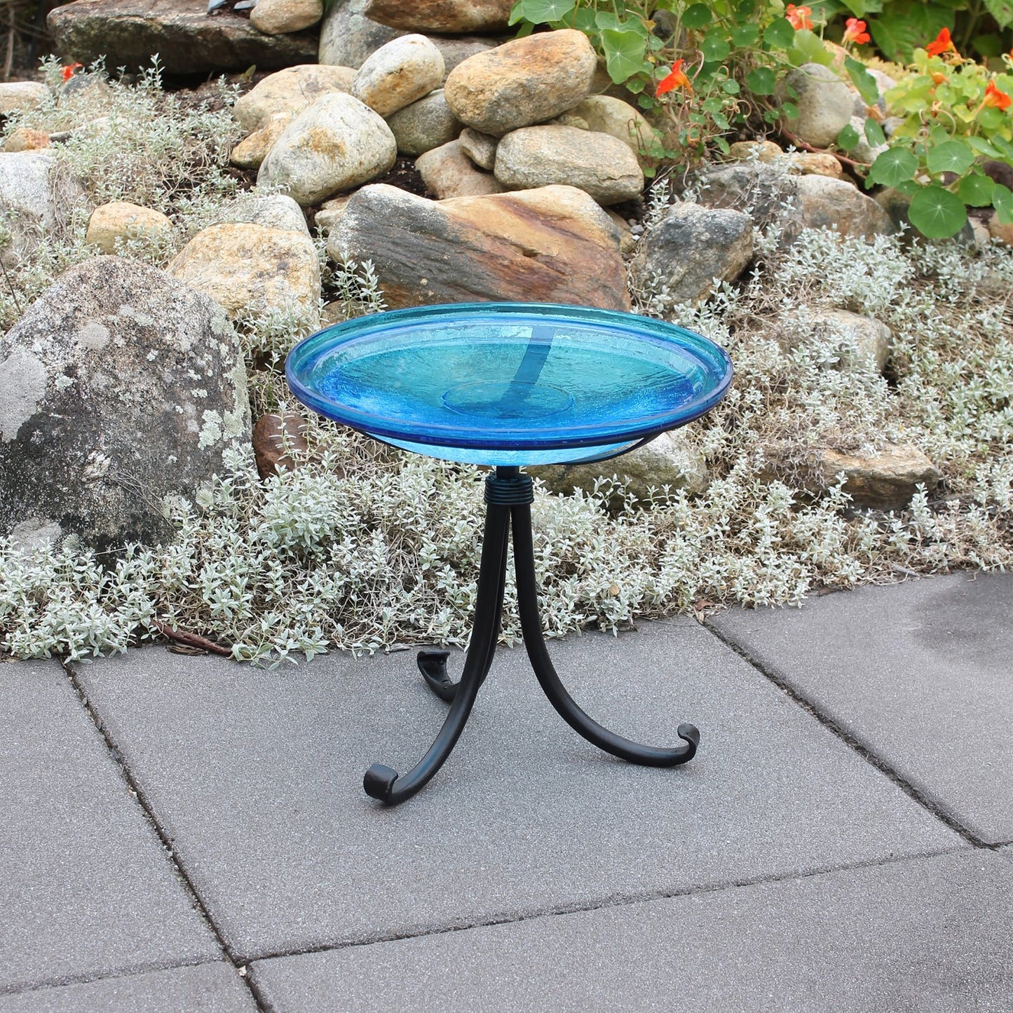 ACHLA 14in Crackle Glass Birdbath with Tripod Stand | Teal Glass and Black Wrought Iron | Garden & Patio Accent | 14 x 14 x 13 in | Model CGB-14T-TR2