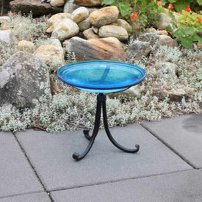 ACHLA 14in Crackle Glass Birdbath with Tripod Stand | Teal Glass and Black Wrought Iron | Garden & Patio Accent | 14 x 14 x 13 in | Model CGB-14T-TR2