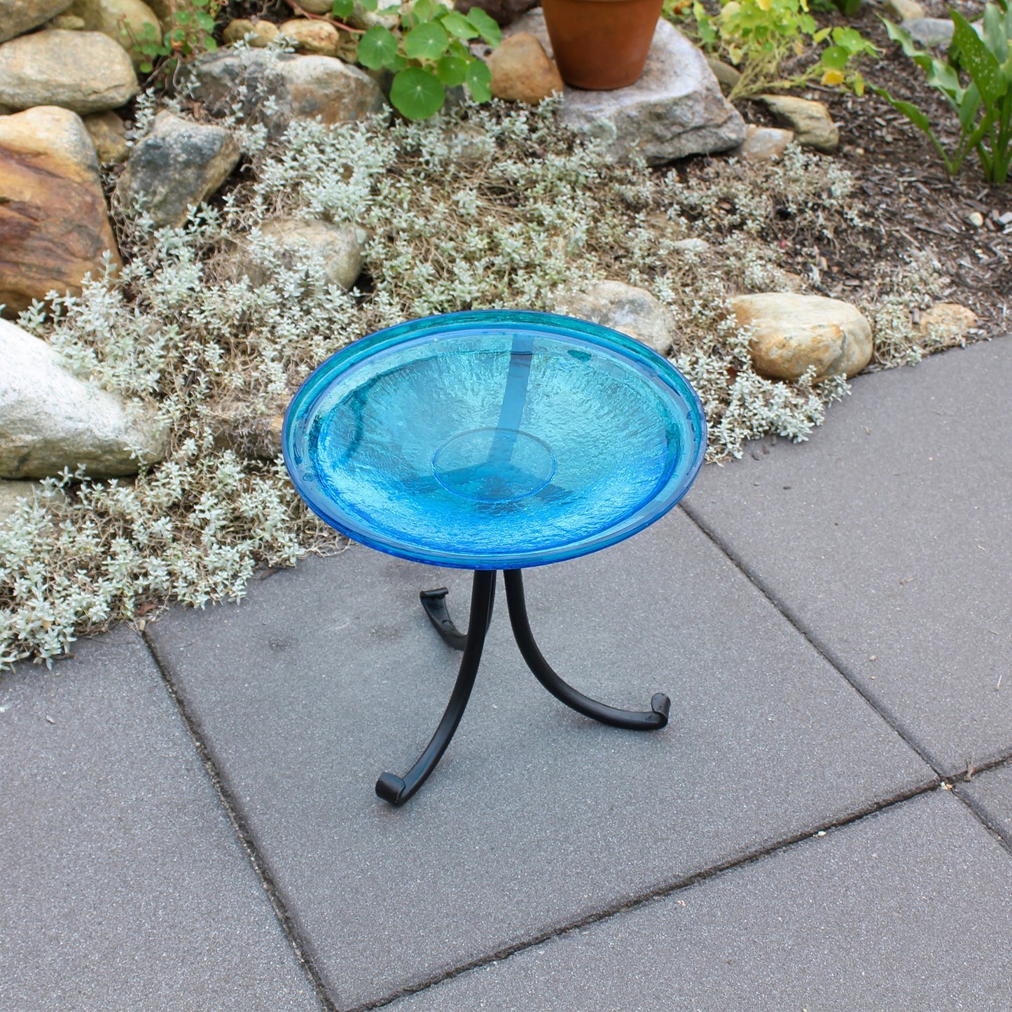 ACHLA 14in Crackle Glass Birdbath with Tripod Stand | Teal Glass and Black Wrought Iron | Garden & Patio Accent | 14 x 14 x 13 in | Model CGB-14T-TR2