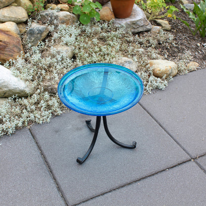 ACHLA 14in Crackle Glass Birdbath with Tripod Stand | Teal Glass and Black Wrought Iron | Garden & Patio Accent | 14 x 14 x 13 in | Model CGB-14T-TR2