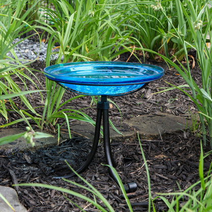 ACHLA 14in Crackle Glass Birdbath with Tripod Stand | Teal Glass and Black Wrought Iron | Garden & Patio Accent | 14 x 14 x 13 in | Model CGB-14T-TR2