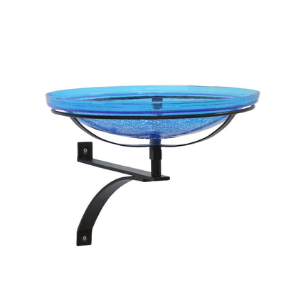 ACHLA Crackle Glass Birdbath with Wall Bracket | Teal Hand-Blown Glass and Black Wrought Iron | Porch, Deck & Garden Water Feature | Model CGB-14T-WM2