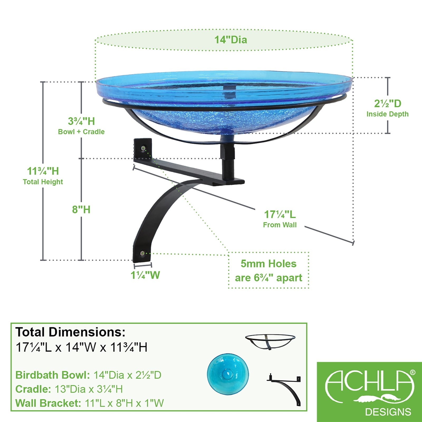 ACHLA Crackle Glass Birdbath with Wall Bracket | Teal Hand-Blown Glass and Black Wrought Iron | Porch, Deck & Garden Water Feature | Model CGB-14T-WM2