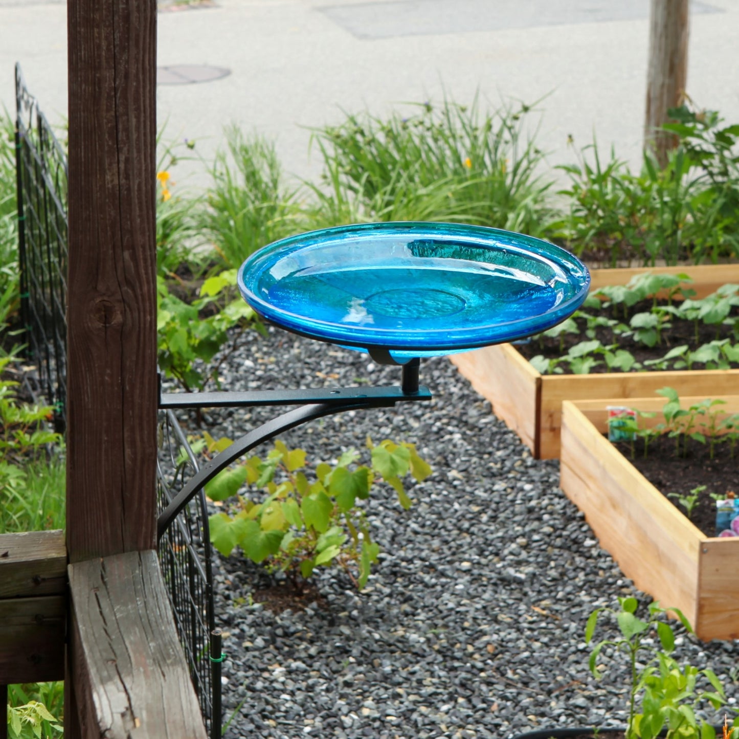 ACHLA Crackle Glass Birdbath with Wall Bracket | Teal Hand-Blown Glass and Black Wrought Iron | Porch, Deck & Garden Water Feature | Model CGB-14T-WM2