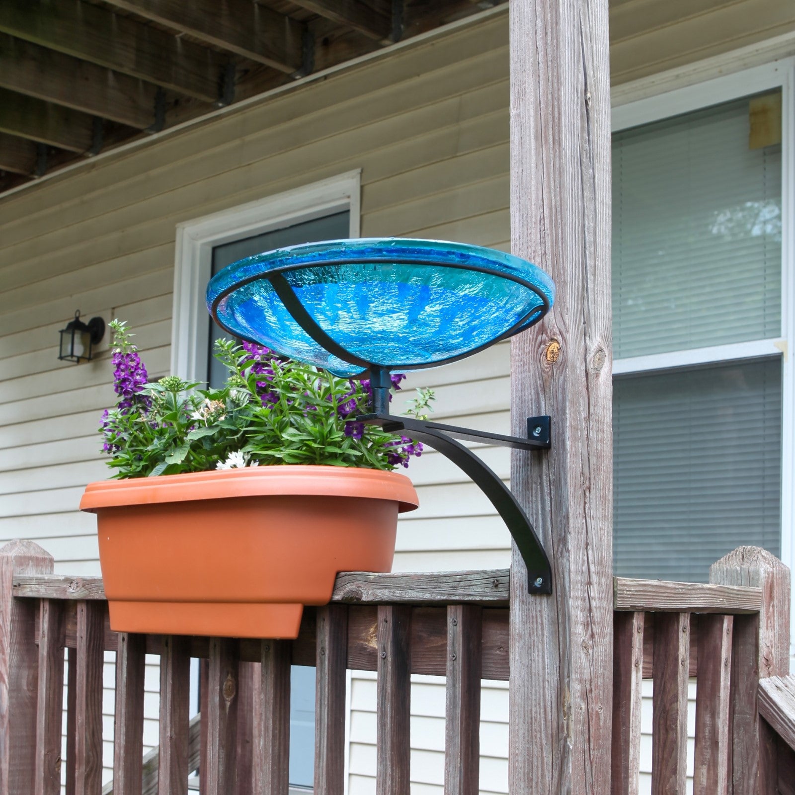 ACHLA Crackle Glass Birdbath with Wall Bracket | Teal Hand-Blown Glass and Black Wrought Iron | Porch, Deck & Garden Water Feature | Model CGB-14T-WM2