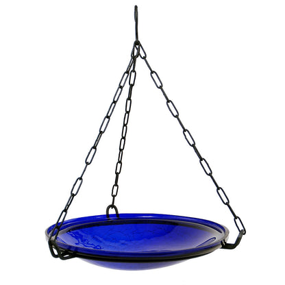ACHLA Cobalt Blue Crackle Glass Hanging Birdbath Bowl 14in | Handcrafted Art Glass & Wrought Iron Chain | Garden Patio & Backyard | Model CGB-H-14CB