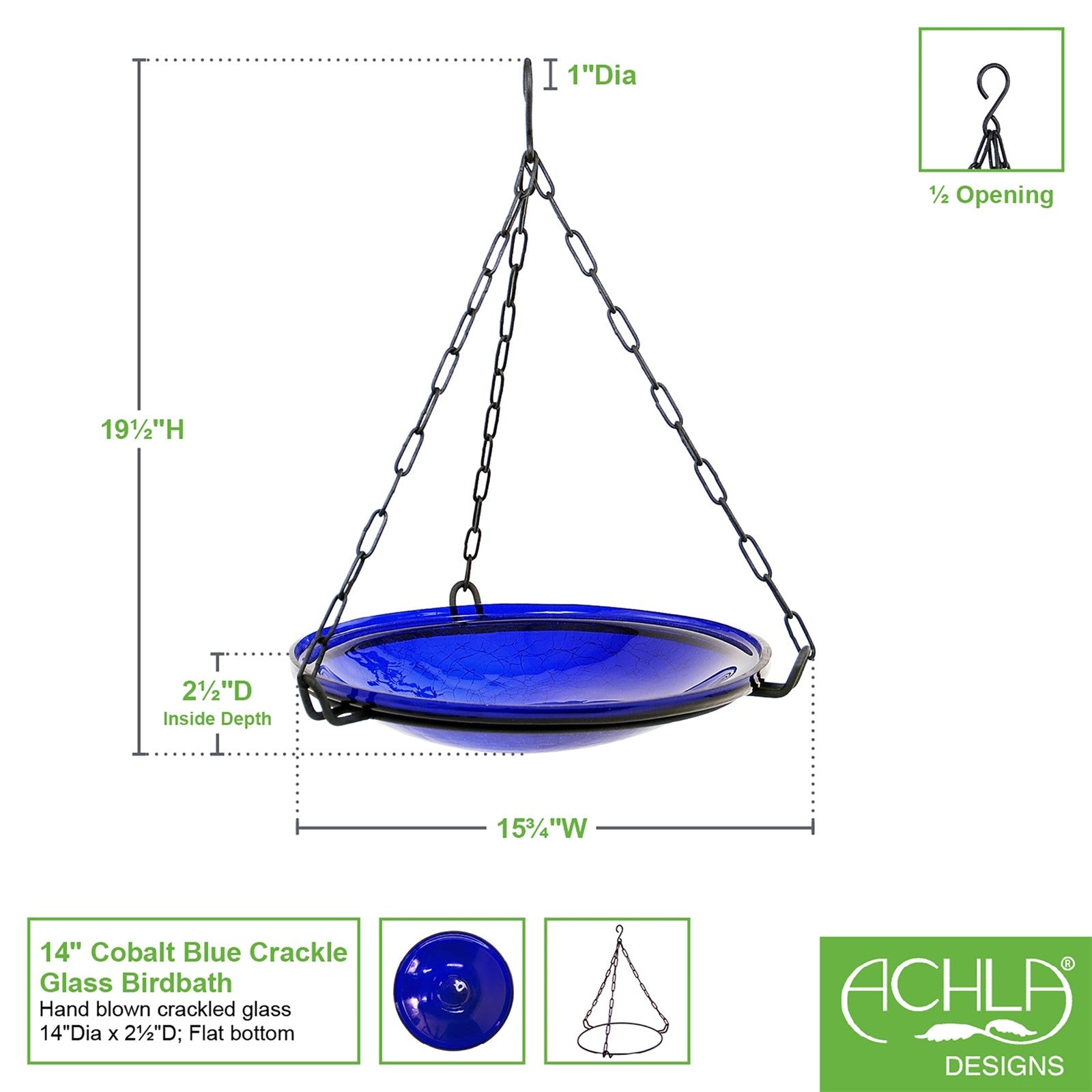 ACHLA Cobalt Blue Crackle Glass Hanging Birdbath Bowl 14in | Handcrafted Art Glass & Wrought Iron Chain | Garden Patio & Backyard | Model CGB-H-14CB