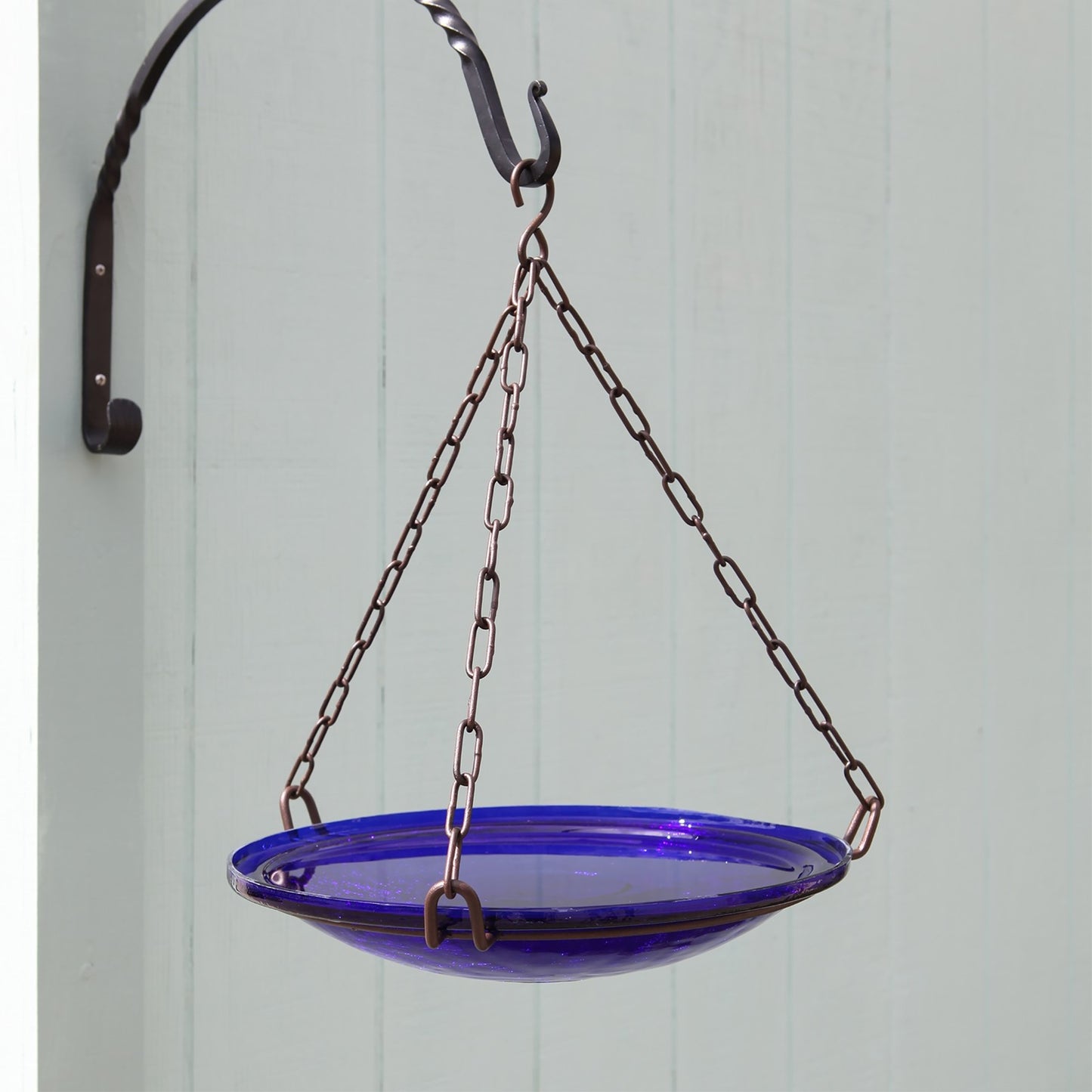 ACHLA Cobalt Blue Crackle Glass Hanging Birdbath Bowl 14in | Handcrafted Art Glass & Wrought Iron Chain | Garden Patio & Backyard | Model CGB-H-14CB