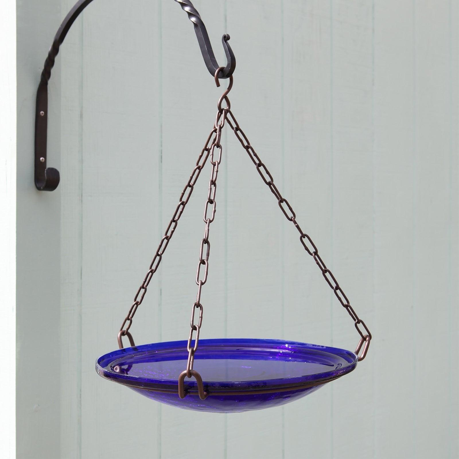 ACHLA Cobalt Blue Crackle Glass Hanging Birdbath Bowl 14in | Handcrafted Art Glass & Wrought Iron Chain | Garden Patio & Backyard | Model CGB-H-14CB