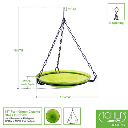 ACHLA Hanging Fern Green Crackle Bowl 14in Decorative Bowl | Outdoor Garden & Patio Birdbath | 13.75 x 13.75 x 2.5-17 in | Model CGB-H-14FG