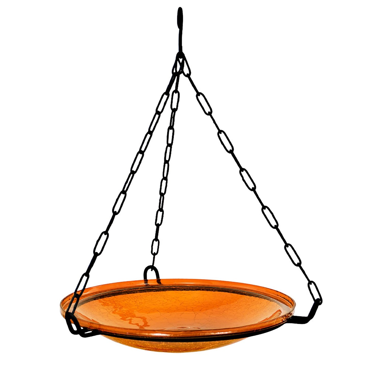 ACHLA Mandarin Crackle Glass 14in Hanging Birdbath | Hand-Blown Orange Glass and Black Wrought Iron | Garden & Patio Water Feature | Model CGB-H-14M