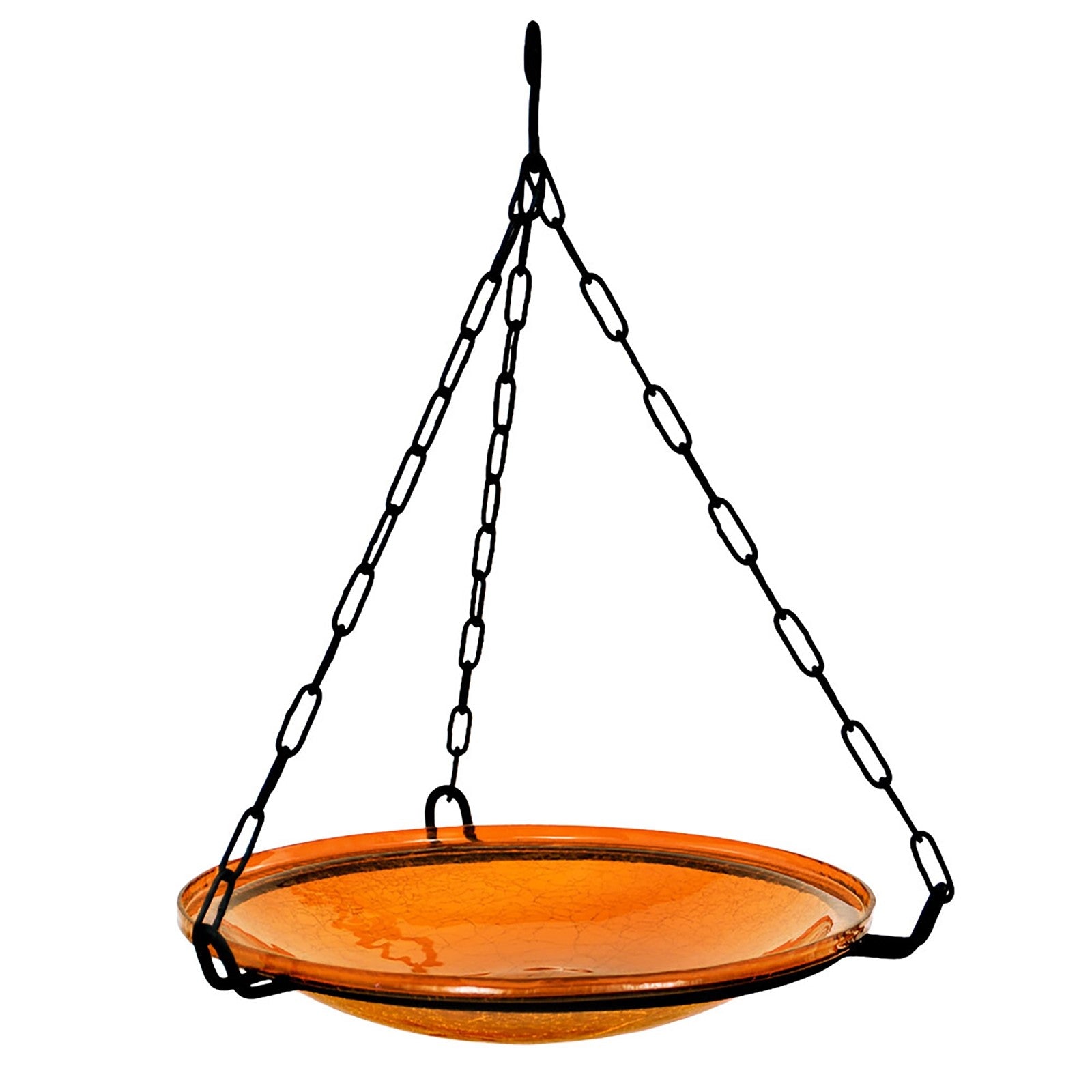 ACHLA Mandarin Crackle Glass 14in Hanging Birdbath | Hand-Blown Orange Glass and Black Wrought Iron | Garden & Patio Water Feature | Model CGB-H-14M